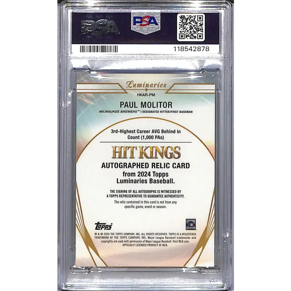 2024 Topps Luminaries Hit Kings #HKAR-PM Paul Molitor PSA 10 GEM MINT MEM Auto 08/15 Milwaukee Brewers - Baseball Card
