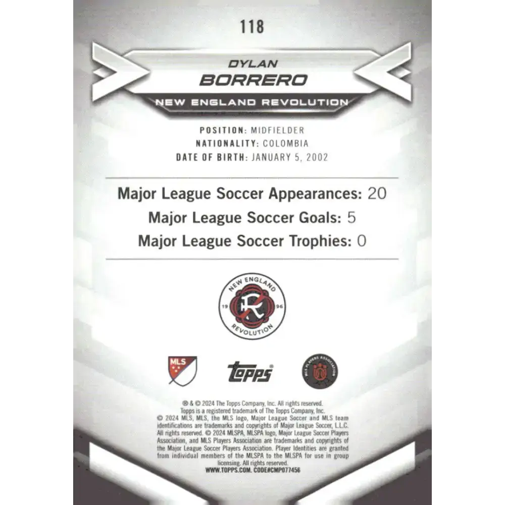 2024 Topps MLS Superstars #118 Dylan Borrero NM-MT New England Revolution Soccer Card - Soccer Card Single