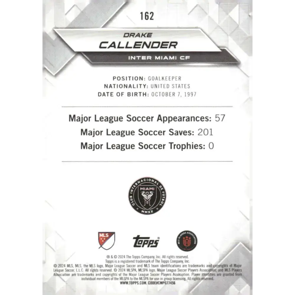 2024 Topps MLS Superstars #162 Drake Callender NM-MT RC Rookie Inter Miami CF Soccer Card - Soccer Card Single