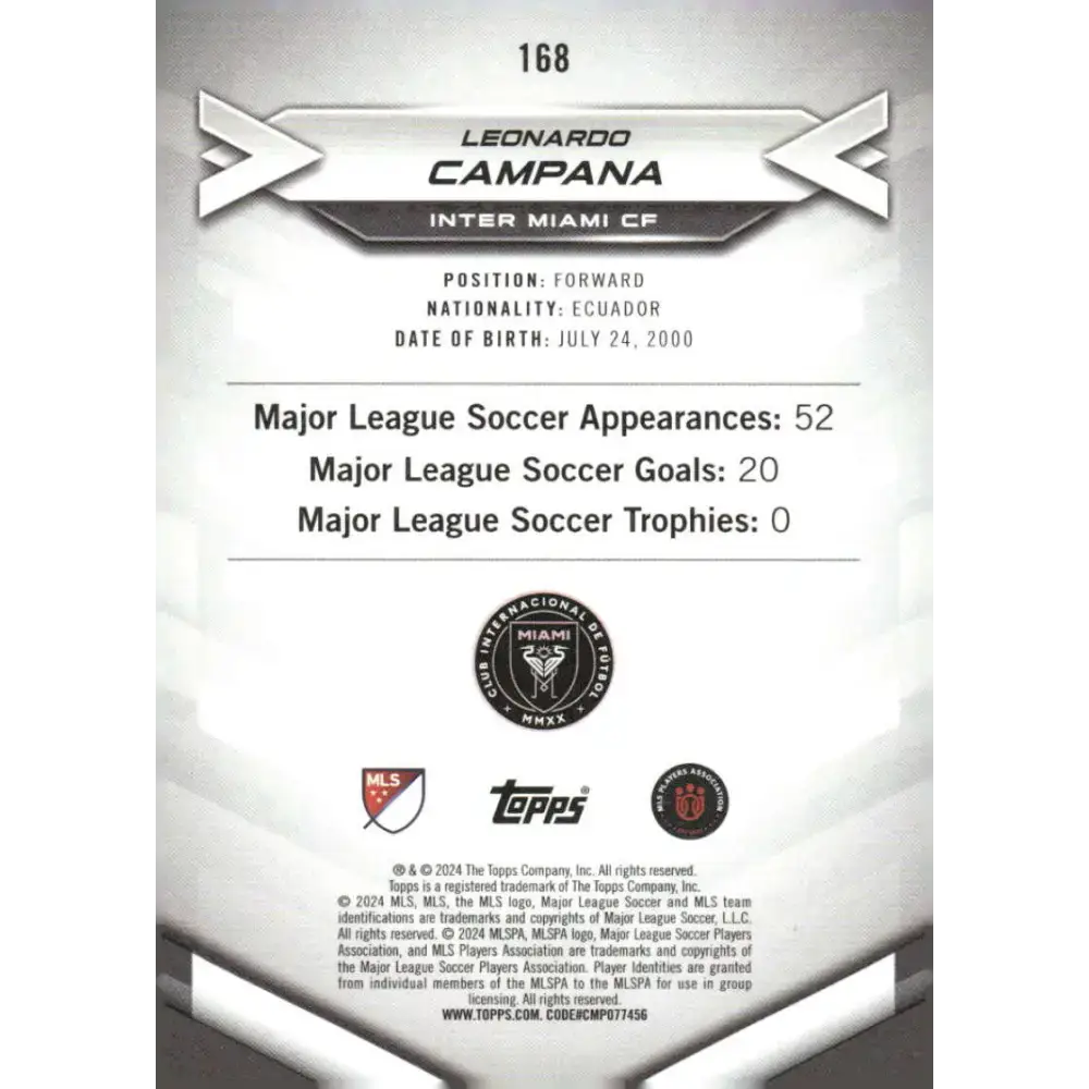 2024 Topps MLS Superstars #168 Leonardo Campana NM-MT RC Rookie Inter Miami CF Soccer Card - Soccer Card Single