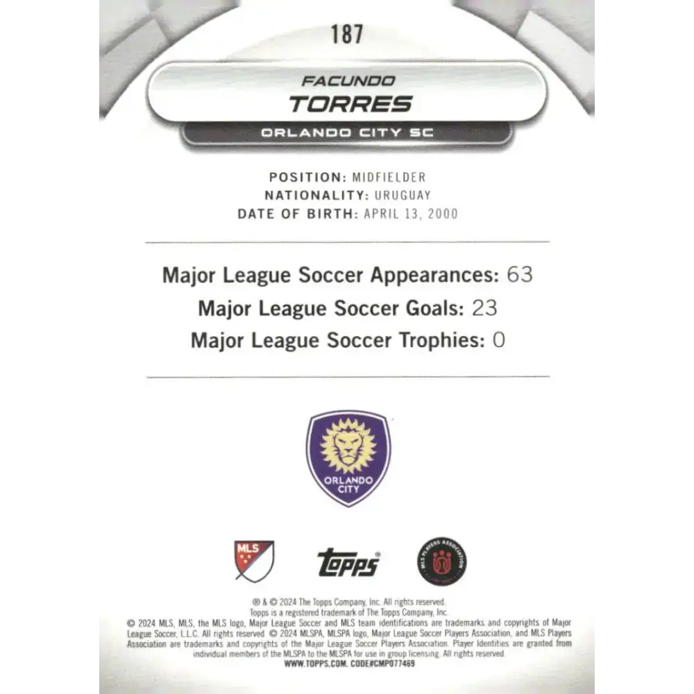 2024 Topps MLS Superstars #187 Facundo Torres NM-MT Orlando City SC Soccer Card - Soccer Card Single