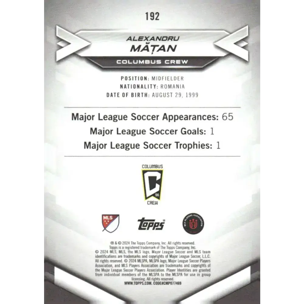 2024 Topps MLS Superstars #192 Alexandru Matan NM-MT RC Rookie Columbus Crew Soccer Card - Soccer Card Single