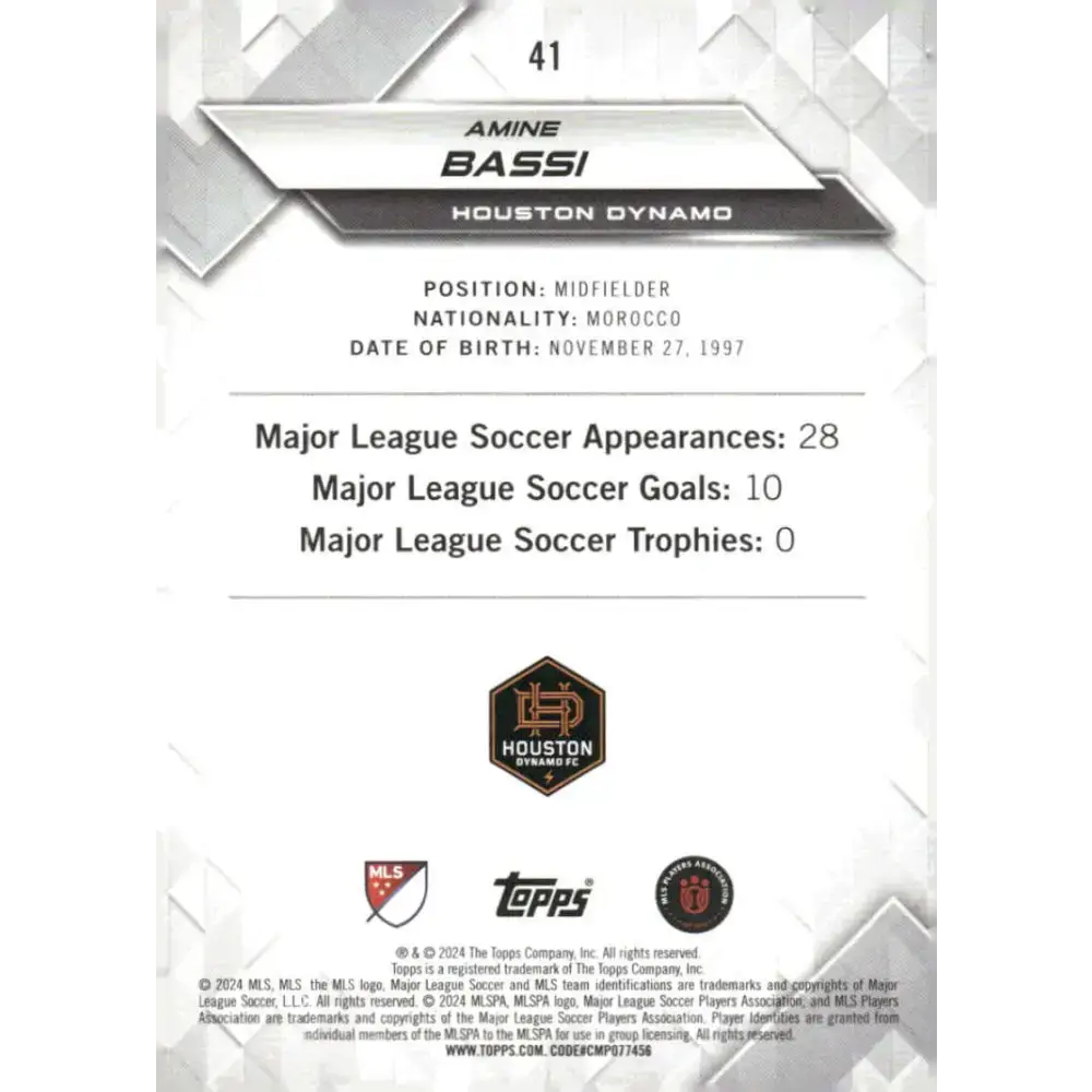2024 Topps MLS Superstars #41 Amine Bassi NM-MT Houston Dynamo Soccer Card - Soccer Card Single