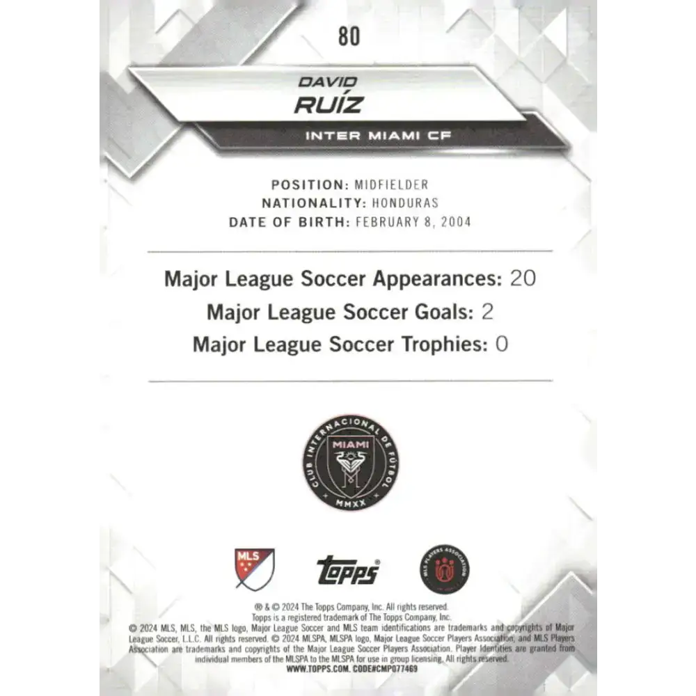 2024 Topps MLS Superstars #80 David Ruiz NM-MT RC Rookie Inter Miami CF Soccer Card - Soccer Card Single