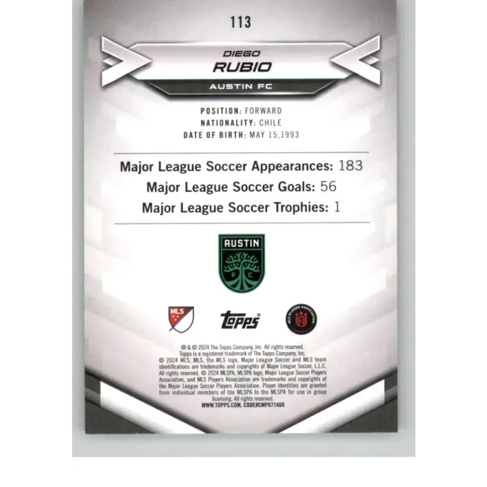 2024 Topps MLS Superstars Common Yellow #113 Diego Rubio NM-MT Austin FC Soccer Card - Soccer Card Single