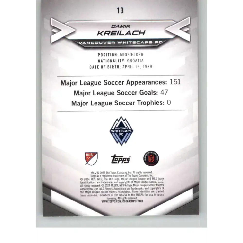 2024 Topps MLS Superstars Common Yellow #13 Damir Kreilach NM-MT Vancouver Whitecaps FC Soccer Card - Soccer Card Single