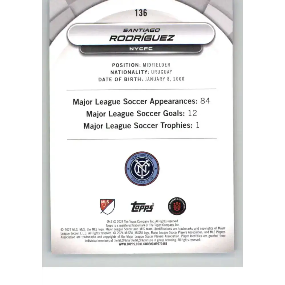 2024 Topps MLS Superstars Common Yellow #136 Santiago Rodriguez NM-MT RC Rookie NYCFC Soccer Card - Soccer Card Single