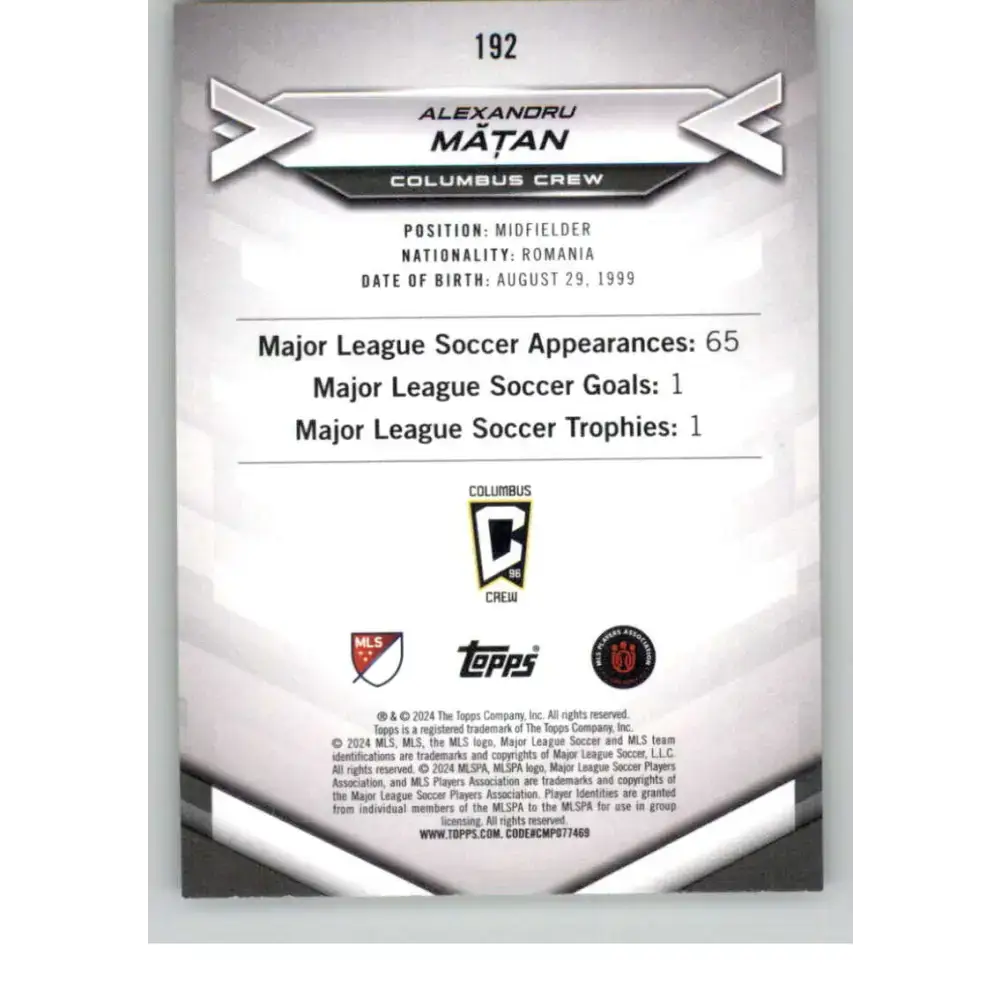 2024 Topps MLS Superstars Common Yellow #192 Alexandru Matan NM-MT RC Rookie Columbus Crew Soccer Card - Soccer Card