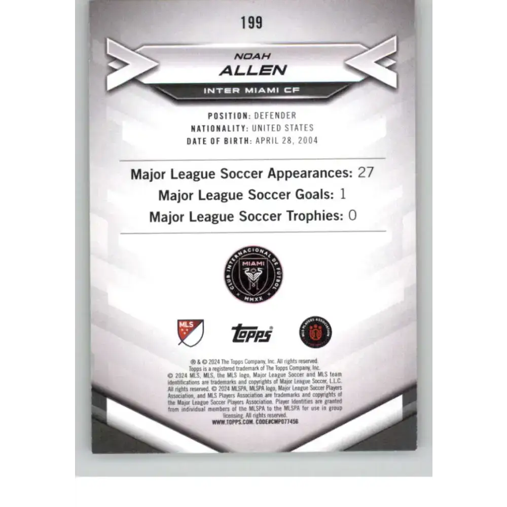 2024 Topps MLS Superstars Common Yellow #199 Noah Allen NM-MT RC Rookie Inter Miami CF Soccer Card - Soccer Card Single