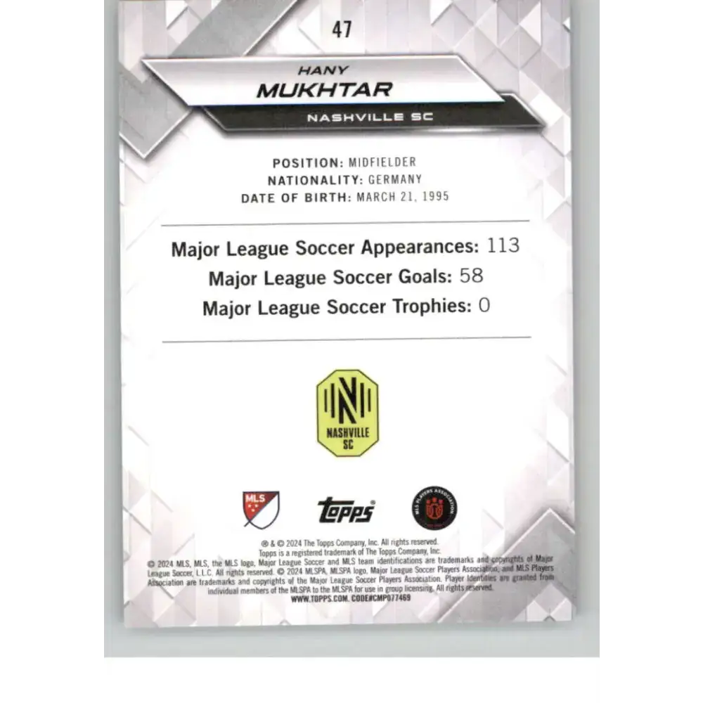 2024 Topps MLS Superstars Common Yellow #47 Hany Mukhtar NM-MT Nashville SC Soccer Card - Soccer Card Single