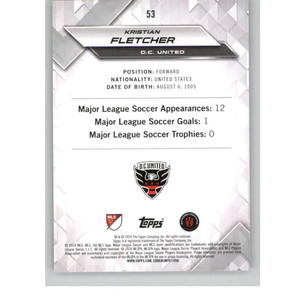 2024 Topps MLS Superstars Common Yellow #53 Kristian Fletcher NM-MT D.C. United Soccer Card - Soccer Card Single