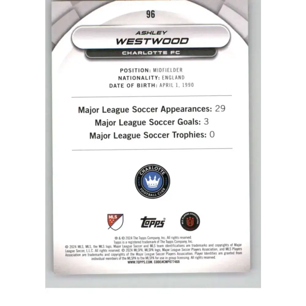 2024 Topps MLS Superstars Common Yellow #96 Ashley Westwood NM-MT Charlotte FC Soccer Card - Soccer Card Single