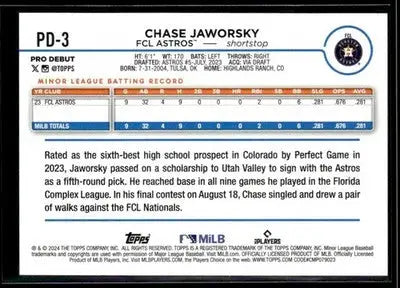 2024 Topps Pro Debut Chase Jaworsky #PD-3 FCL Astros