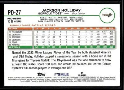 2024 Topps Pro Debut Jackson Holliday #PD-27 Norfolk Tides