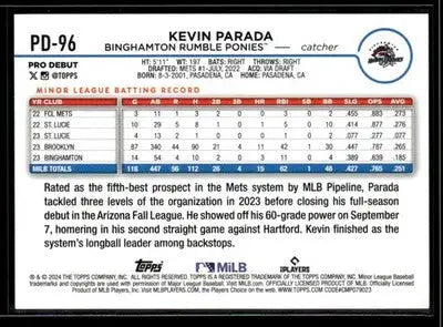 2024 Topps Pro Debut Kevin Parada #PD-96 Binghamton Rumble Ponies