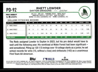 2024 Topps Pro Debut Rhett Lowder #PD-92 Dayton Dragons