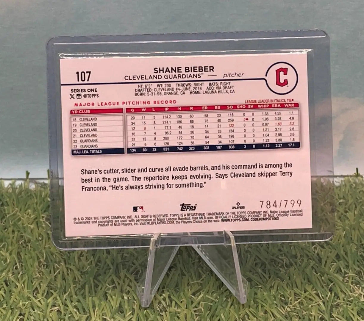 Shane Bieber Purple Foilboard 784/799 from 2024 Topps Series 1 Cleveland Guardians card