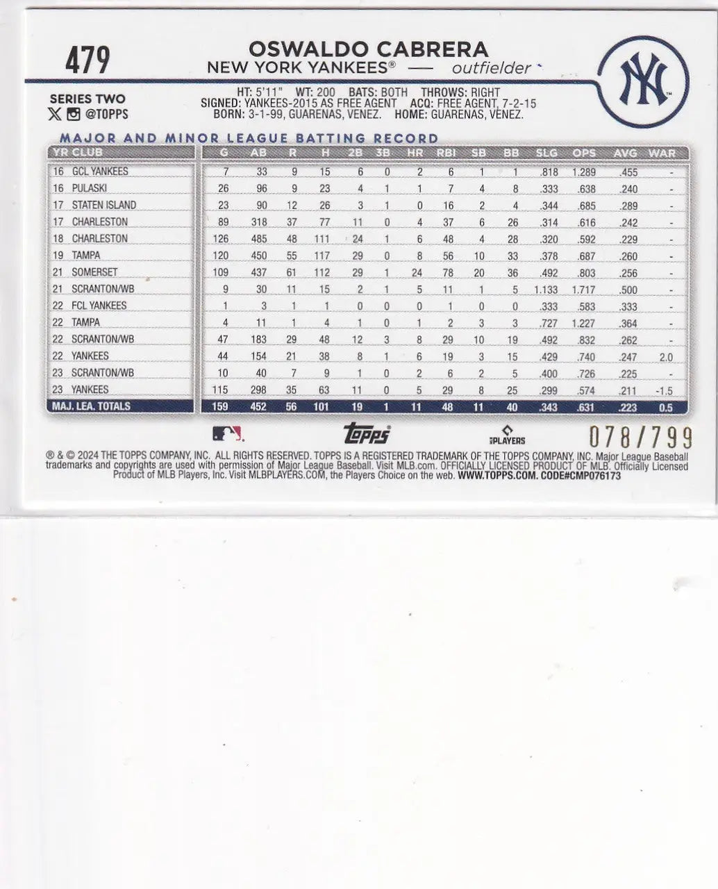 2024 TOPPS SERIES TWO #479 OSWALDO CABRERA PURPLE FOIL /799- NEW YORK YANKEES - Baseball Card Single