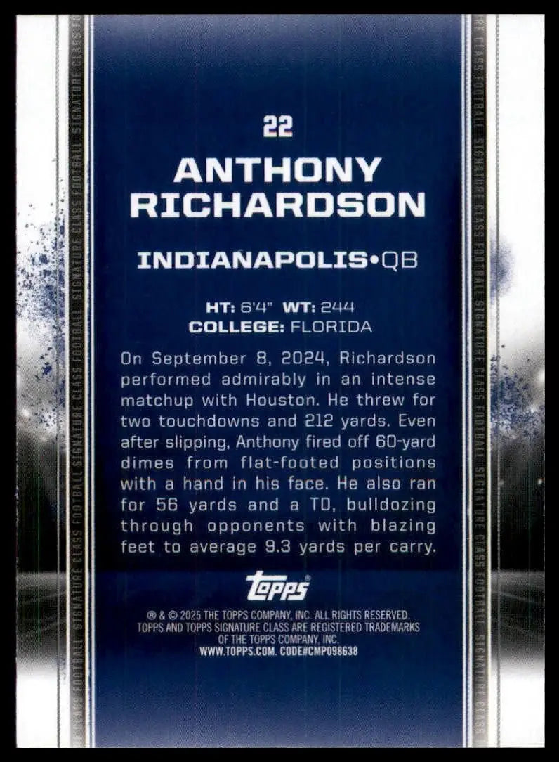 2024 Topps Signature Class Anthony Richardson #22 Indianapolis Colts Football - Football Card Single