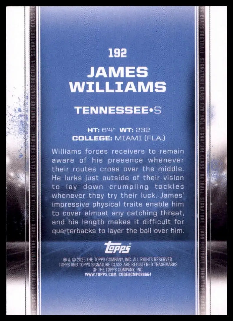 2024 Topps Signature Class - Rookies James Williams #192 Indigo /175 (RC) - Football Card Single