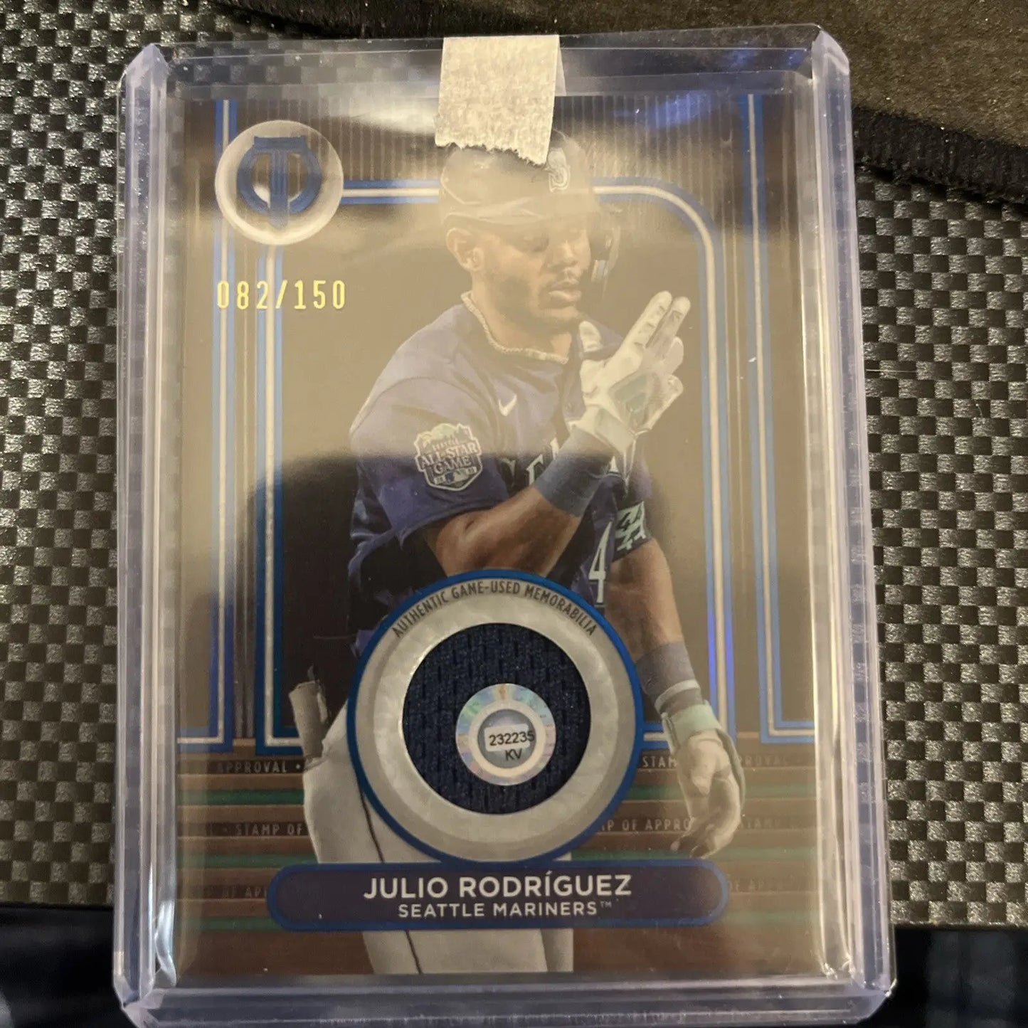 Julio Rodriguez Topps Tribute Stamp of Approval Relics Blue card with game-worn patch /150