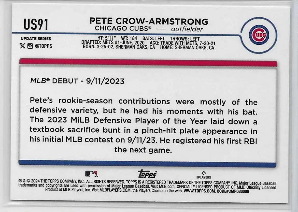 2024 Topps Update Series - Rookie Debut Pete Crow-Armstrong #US91 (RC) 1512 - Baseball Card Single