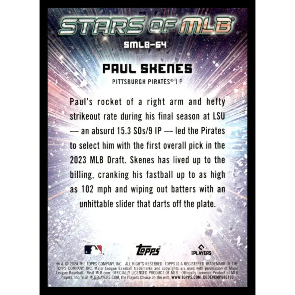 2024 Topps Update Stars of the MLB #SMLB-64 Paul Skenes NM-MT Pittsburgh Pirates Baseball Card - Baseball Card Single