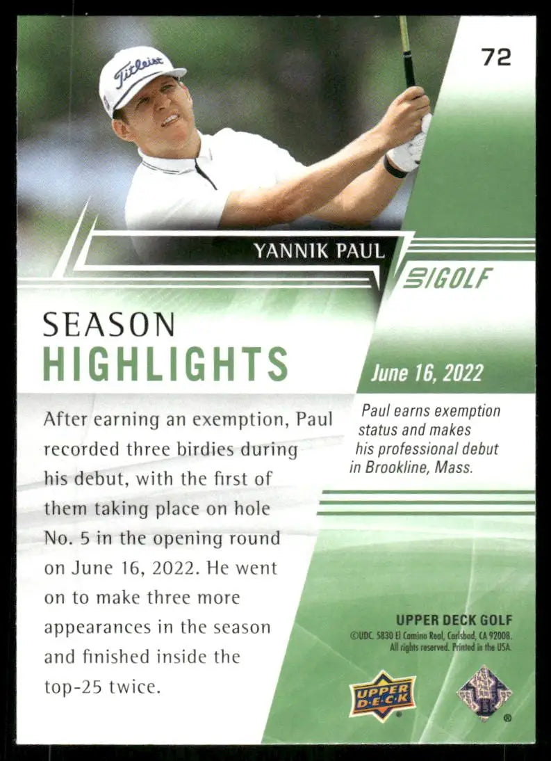 2024 Upper Deck Golf Yannik Paul #72 Golf - Golf Card Single