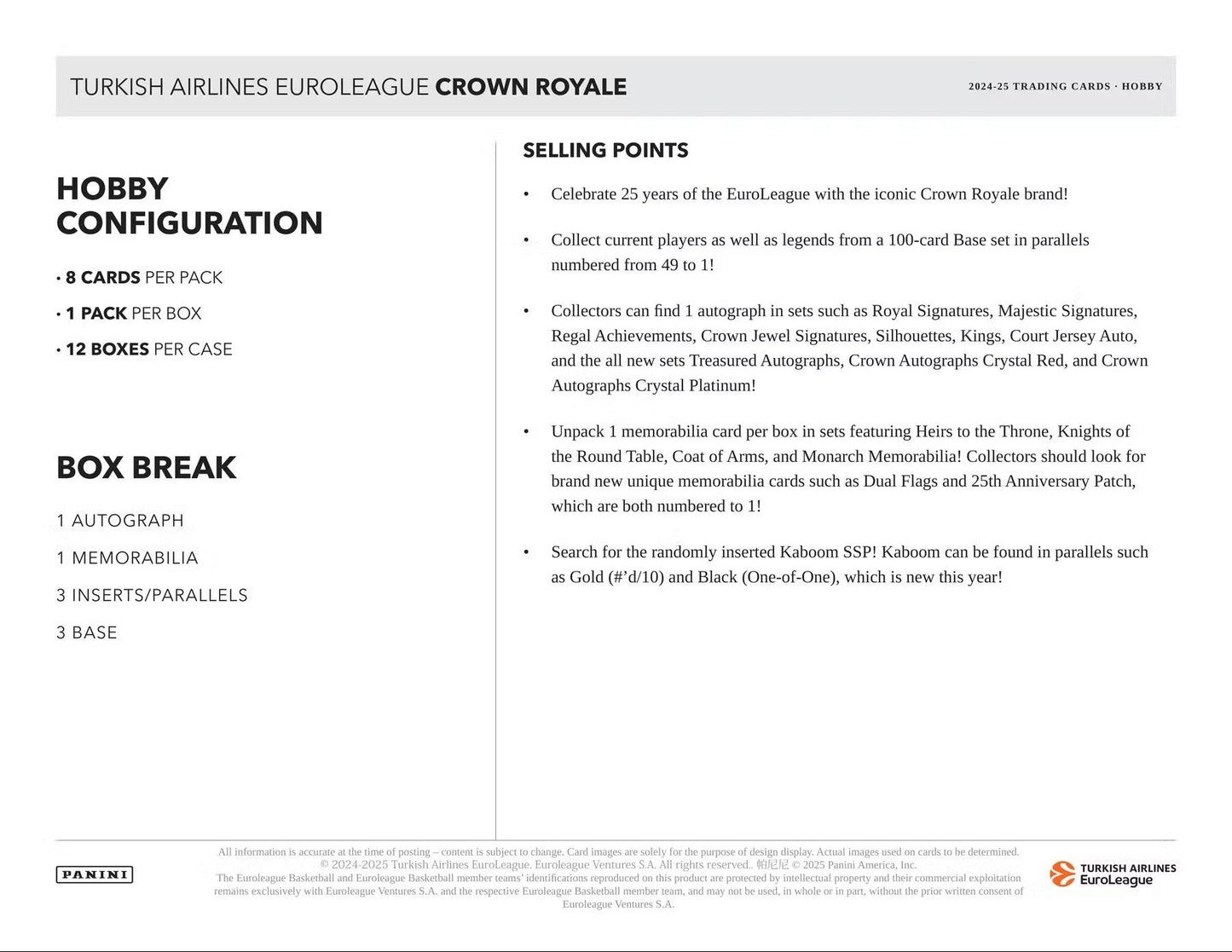 2024/25 Panini EuroLeague Crown Royale Basketball Hobby Box | Columbia Sports Cards & More
