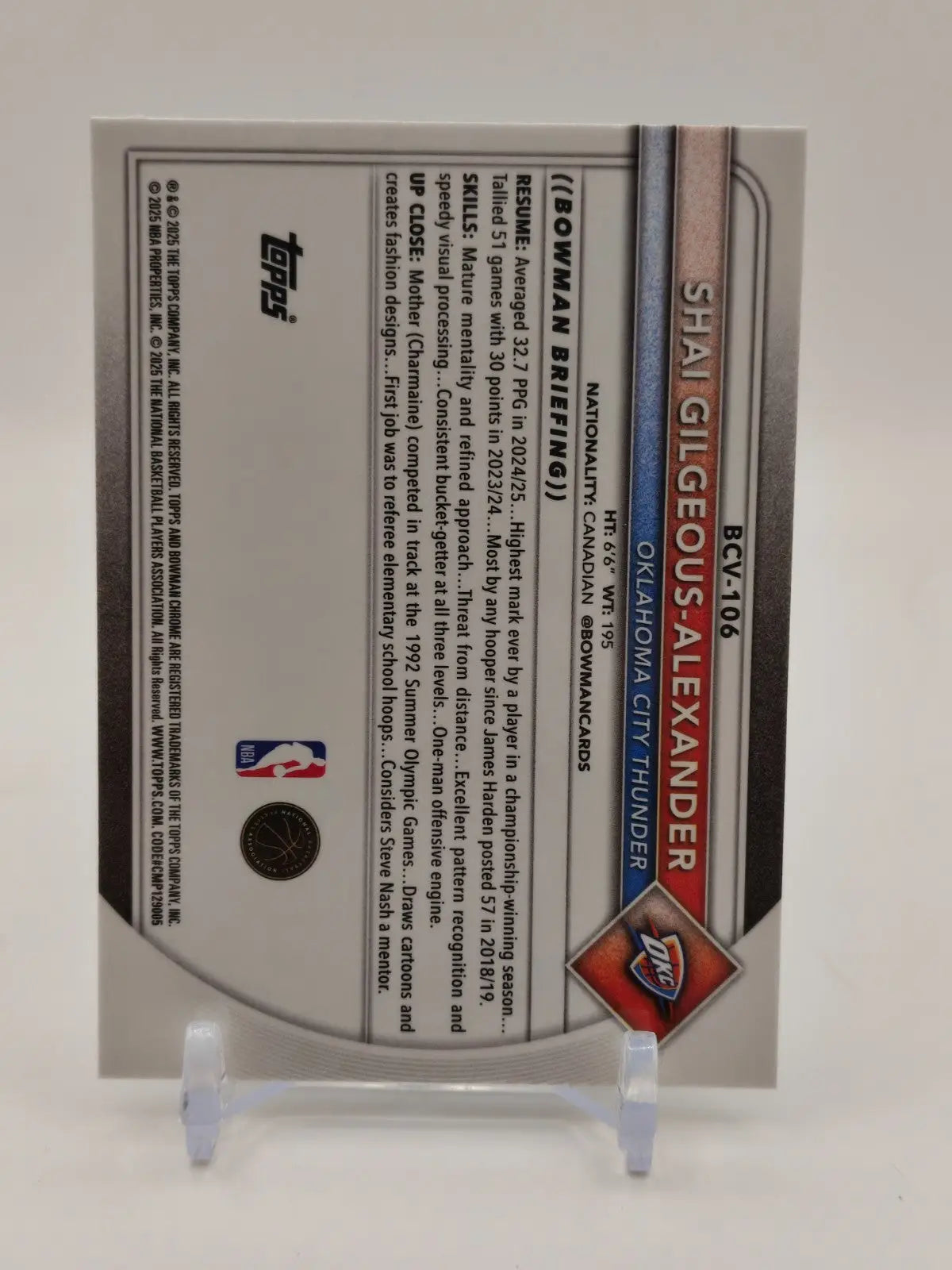 2025-26 Bowman Basketball Shai Gilgeous-Alexander Chrome Base Card #BCV-106 OKC - Basketball Card Single