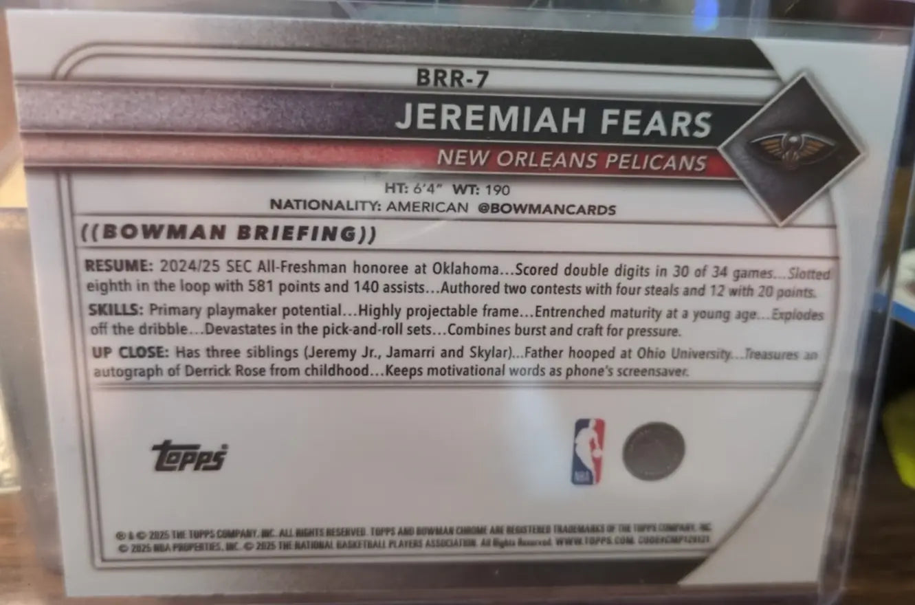 2025-26 Bowman Jeremiah Fears Red Rookie Refractor SP #BRR-7 Pelicans (RC) - Basketball Card Single