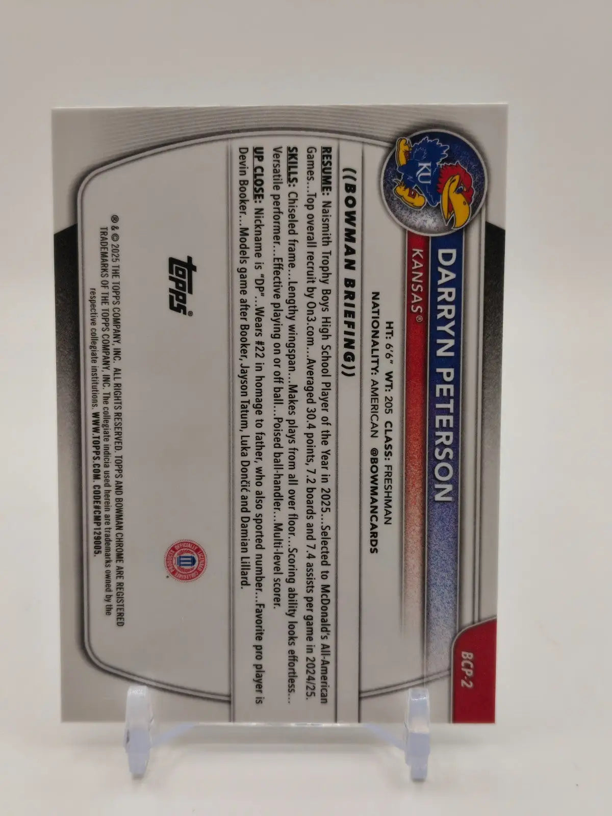 2025-26 Bowman University Chrome 1st Bowman Darryn Peterson Base Kansas - Basketball Card Single