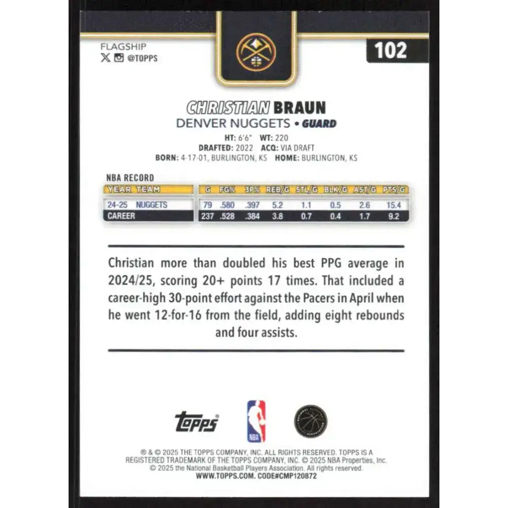 2025-26 Topps #102 Christian Braun NM-MT Denver Nuggets Basketball Card - Basketball Card Single