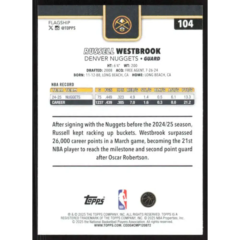 2025-26 Topps #104 Russell Westbrook NM-MT Denver Nuggets Basketball Card - Basketball Card Single