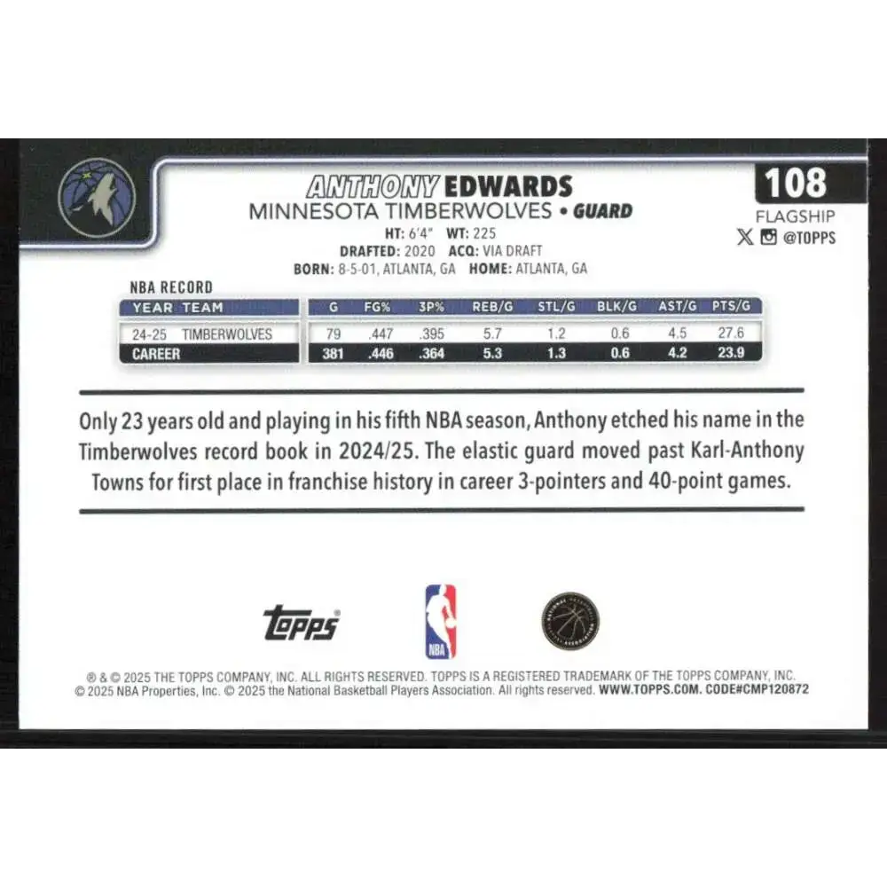 2025-26 Topps #108 Anthony Edwards NM-MT Minnesota Timberwolves Basketball Card - Basketball Card Single