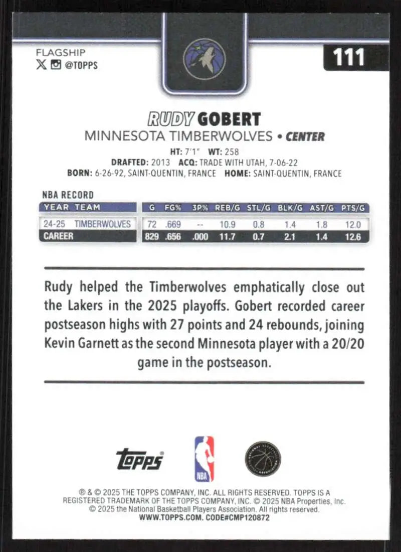 2025-26 Topps #111 Rudy Gobert NM-MT Minnesota Timberwolves Basketball Card - Basketball Card Single