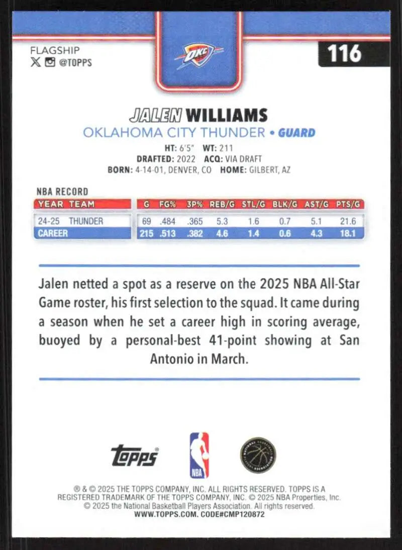 2025-26 Topps #116 Jalen Williams NM-MT Oklahoma City Thunder Basketball Card - Basketball Card Single