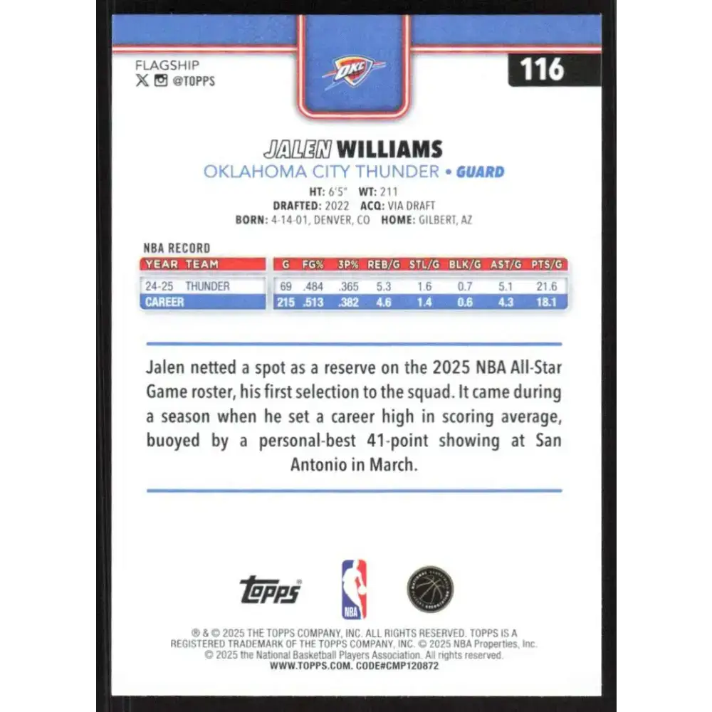 2025-26 Topps #116 Jalen Williams NM-MT Oklahoma City Thunder Basketball Card - Basketball Card Single