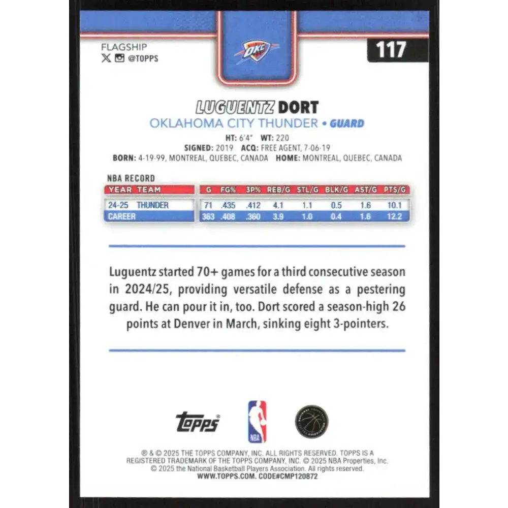 2025-26 Topps #117 Luguentz Dort NM-MT Oklahoma City Thunder Basketball Card - Basketball Card Single