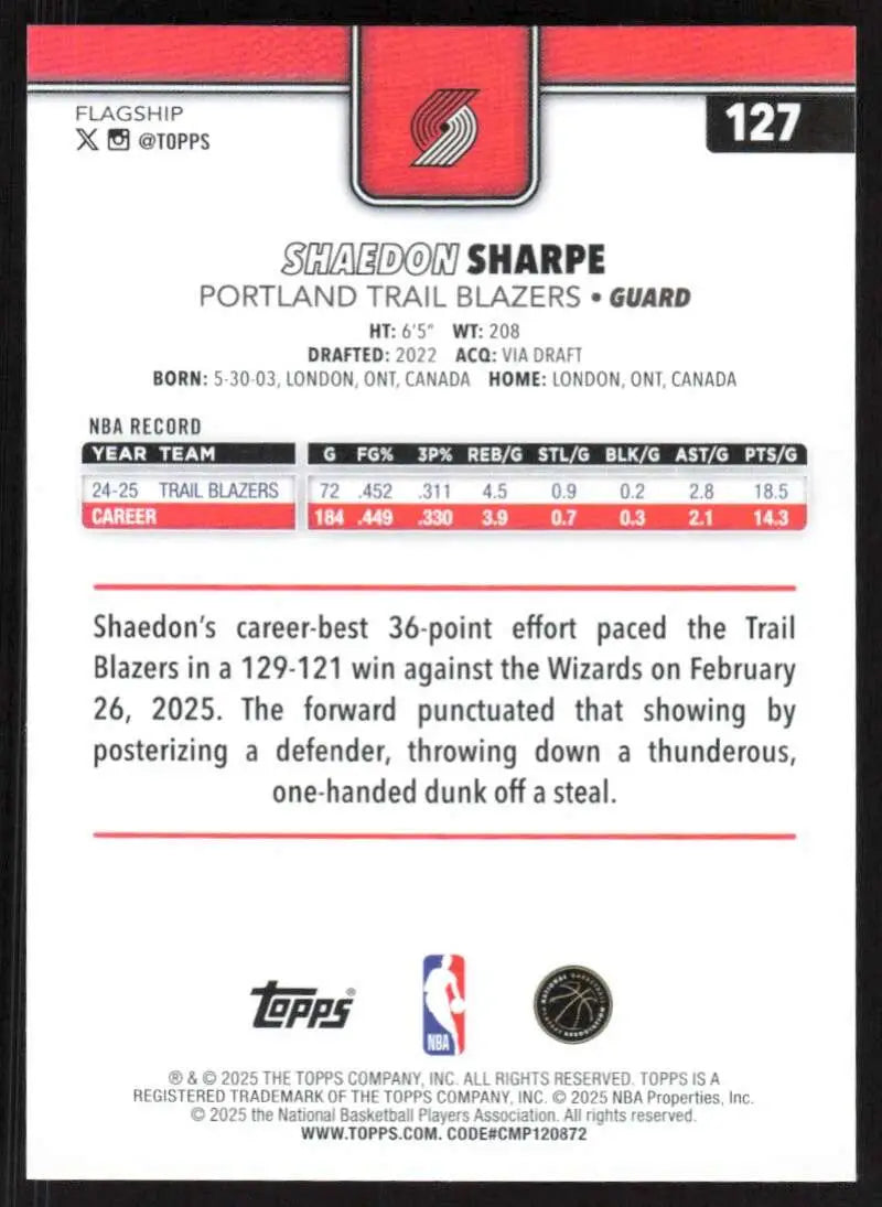 2025-26 Topps #127 Shaedon Sharpe NM-MT Portland Trail Blazers Basketball Card - Basketball Card Single