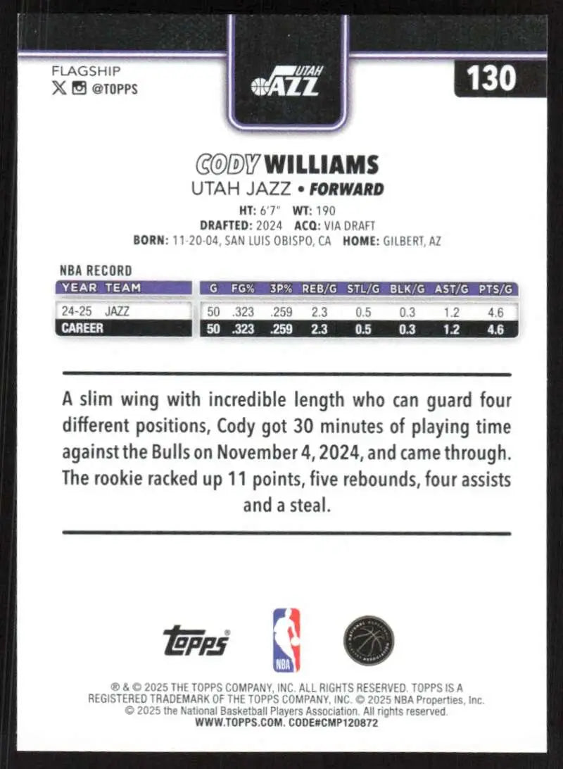 2025-26 Topps #130 Cody Williams NM-MT Utah Jazz Basketball Card