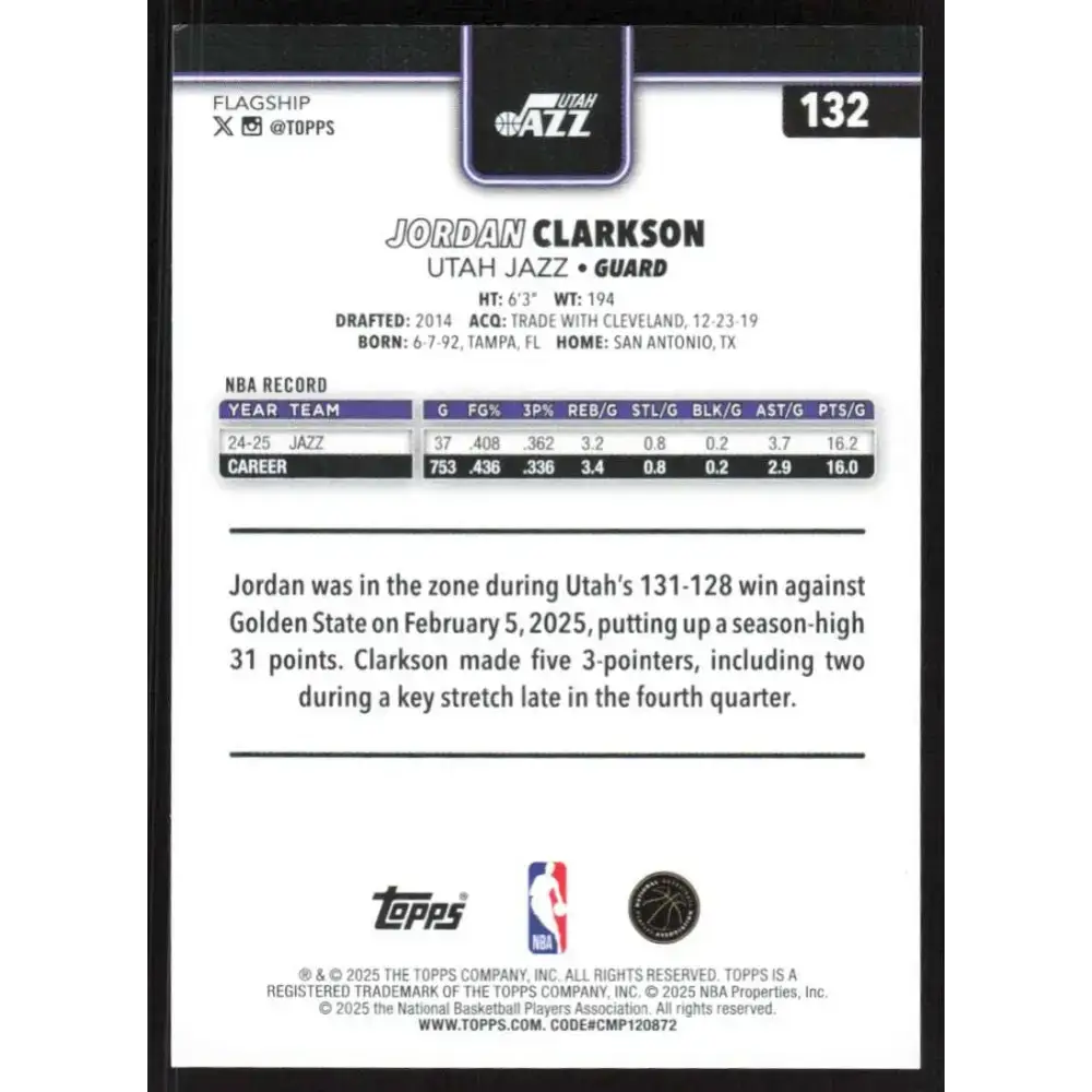 2025-26 Topps #132 Jordan Clarkson NM-MT Utah Jazz Basketball Card - Basketball Card Single