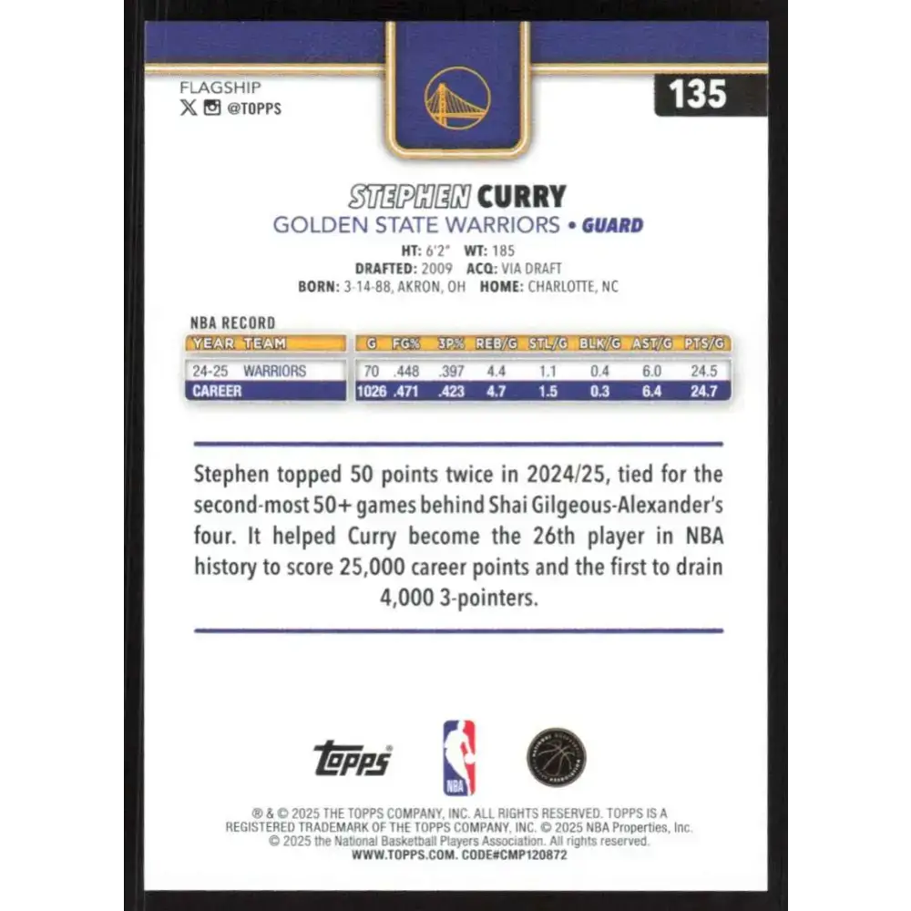 2025-26 Topps #135 Stephen Curry NM-MT Golden State Warriors Basketball Card - Basketball Card Single