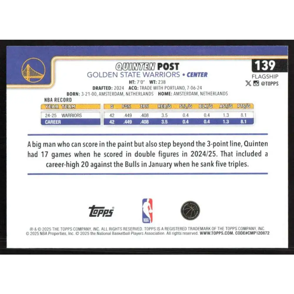 2025-26 Topps #139 Quinten Post NM-MT Golden State Warriors Basketball Card - Basketball Card Single