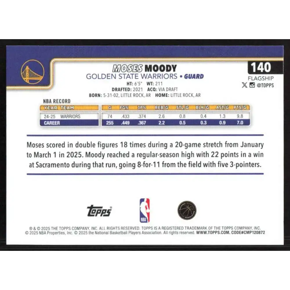 2025-26 Topps #140 Moses Moody NM-MT Golden State Warriors Basketball Card - Basketball Card Single