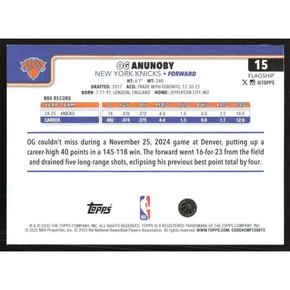 2025-26 Topps #15 OG Anunoby NM-MT New York Knicks Basketball Card - Basketball Card Single