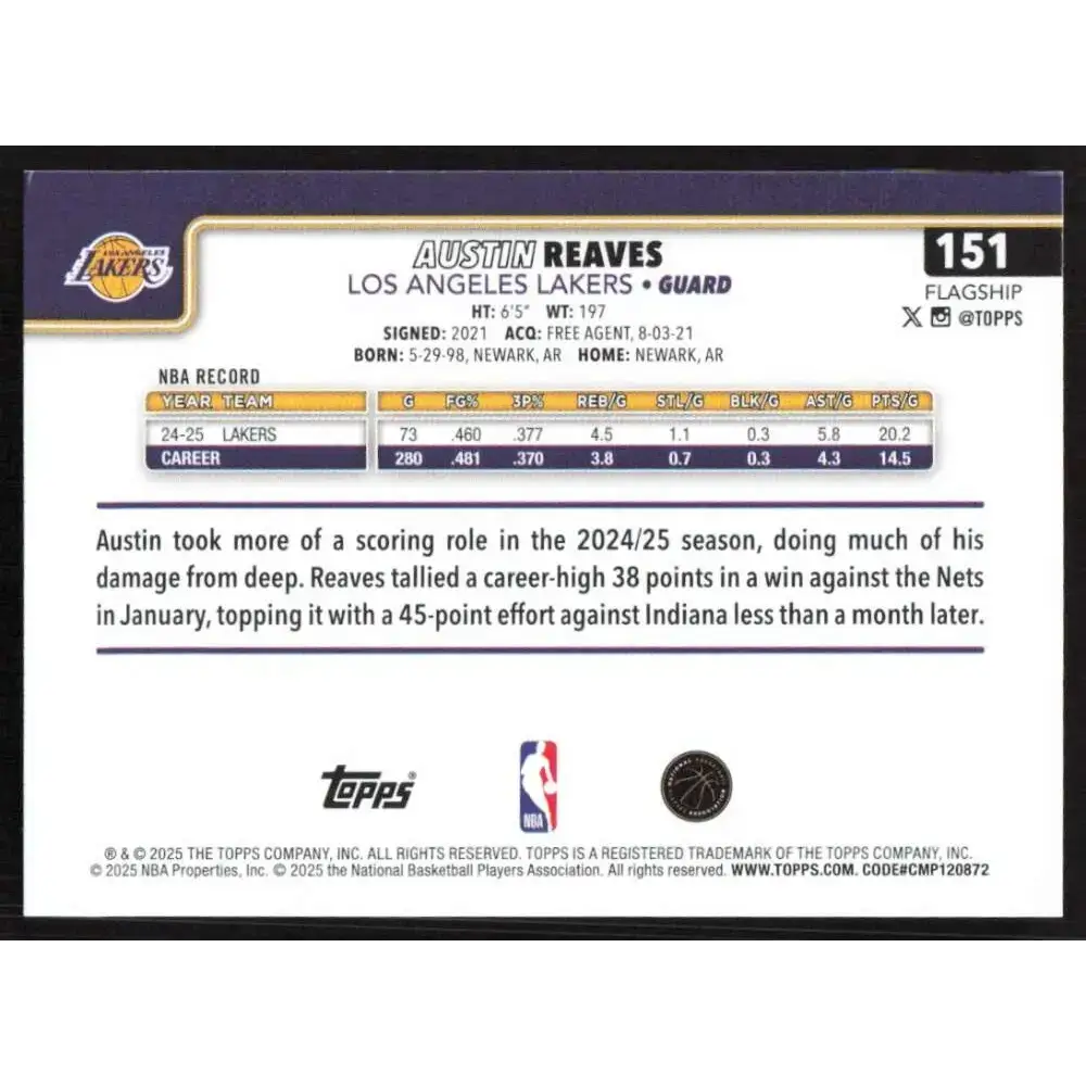 2025-26 Topps #151 Austin Reaves NM-MT Los Angeles Lakers Basketball Card - Basketball Card Single