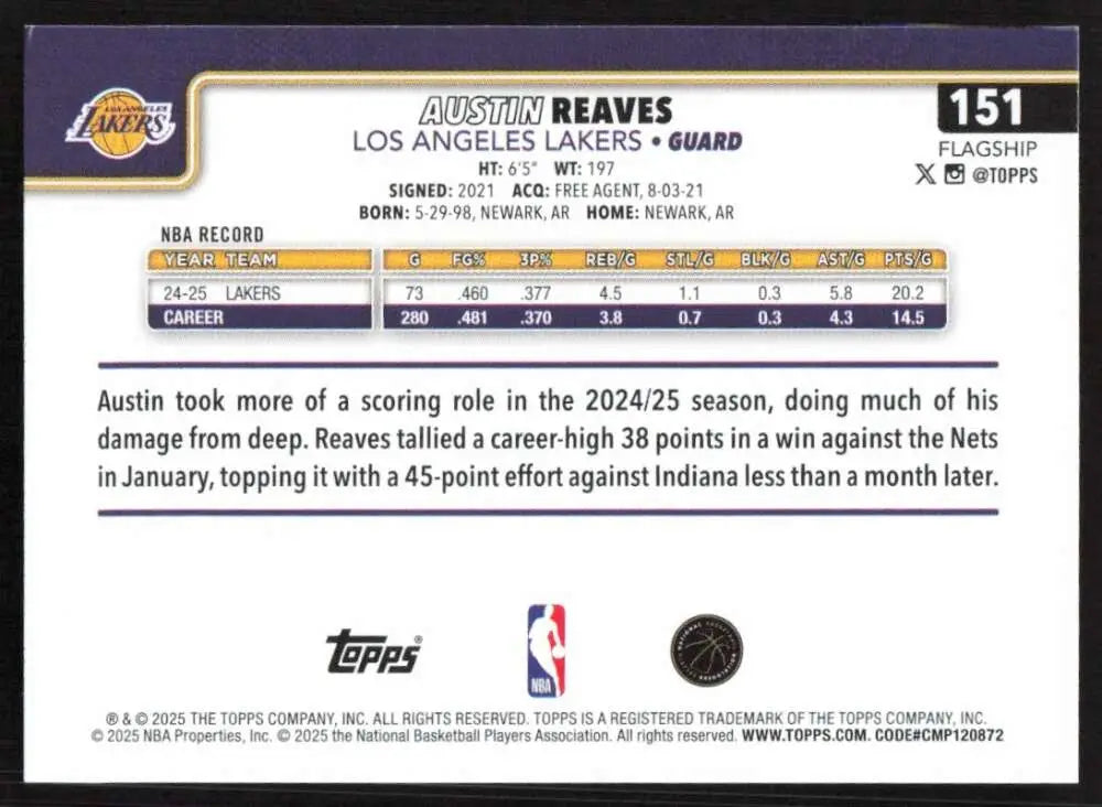 2025-26 Topps #151 Austin Reaves NM-MT Los Angeles Lakers Basketball Card - Basketball Card Single