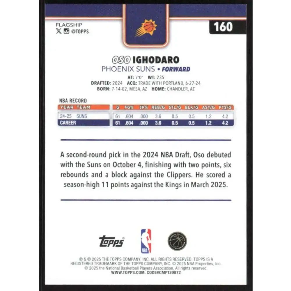 2025-26 Topps #160 Oso Ighodaro NM-MT Phoenix Suns Basketball Card - Basketball Card Single