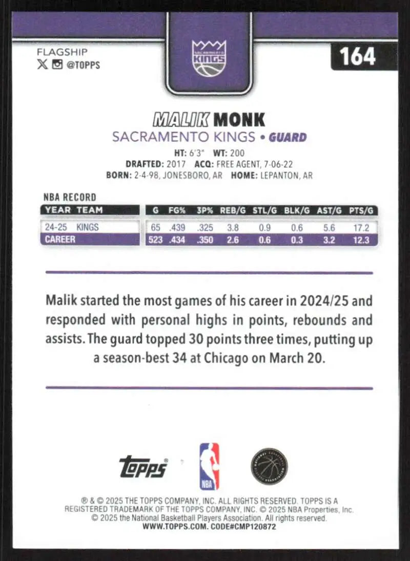 2025-26 Topps #164 Malik Monk NM-MT Sacramento Kings Basketball Card - Basketball Card Single